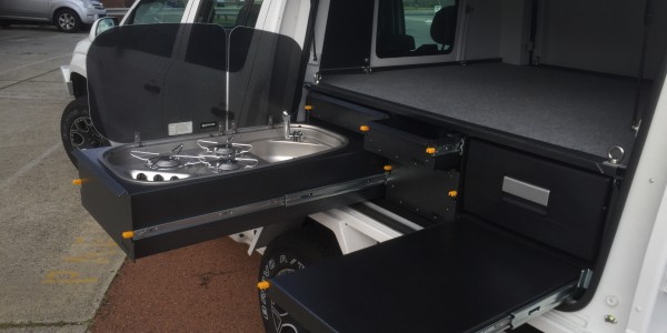 camper module cooktop and workbench