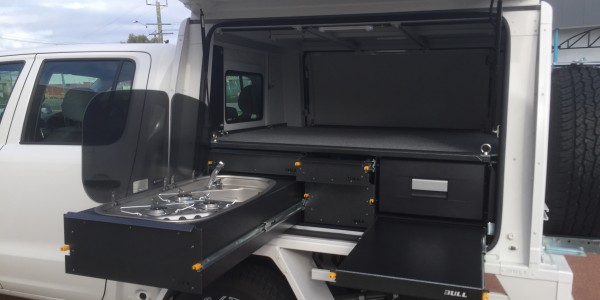 camper module cooktop, workbench and fridge